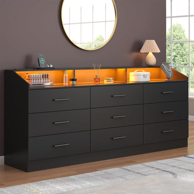 9 Drawers Dresser, Dresser for Bedroom with Power Outlet, Modern Chest of Drawers with LED Light, Storage Dressers with Open Storage Cubby, Dressers Organizer for Closet, Entryway, Living Room, Black