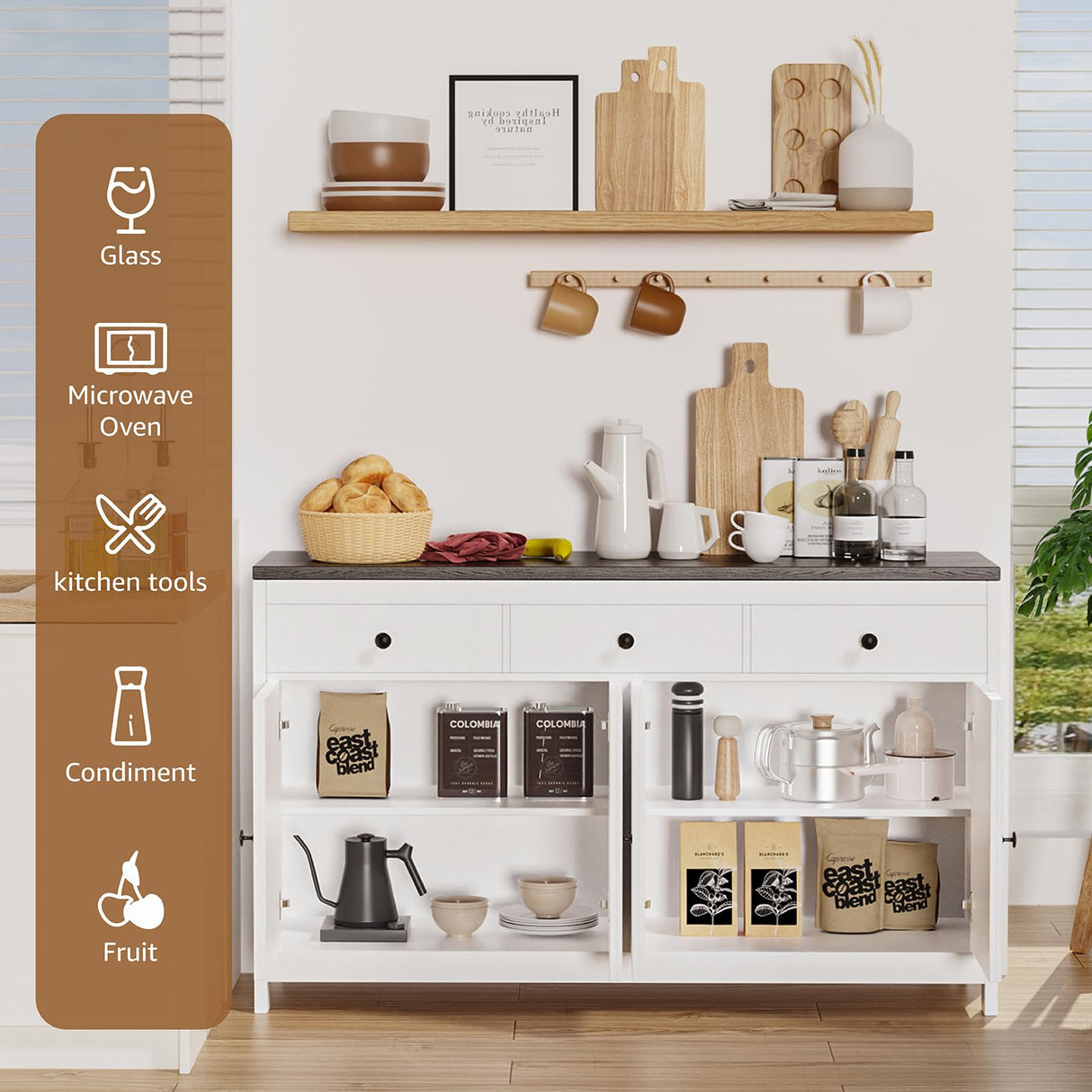 Redlife Farmhouse Sideboard Buffet Cabinet with Storage, Wood Coffee Bar Cabinet, 55" Sideboard with 3 Drawers, Farmhouse Buffet Cabinet for Dinning Room, Kitchen, Living Room, White Redlifeᅟᅠ