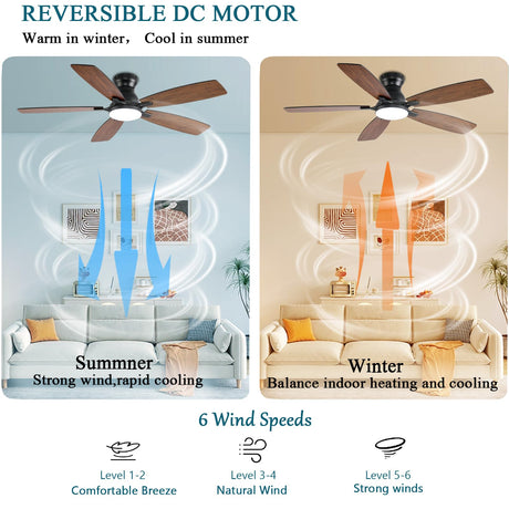 JSAITEE Ceiling Fans with Lights, 52 Inch Low Profile Ceiling Fan with Light and Remote Control, Flush Mount, DC Reversible Motor, Noiseless, Brown 6 Speeds Ceiling Fan for Bedroom JSAITEE
