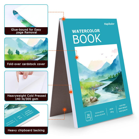 Hapikalor 5.5"x8.5"Watercolor Small Sketchbook for Kids, 30 Sheets (60 Pages) Spiral Bound, Water Color Paper, 140lb/300gsm Watercolor Paper, Watercolor Notebook, Watercolor Journal, Sketch Pad, Teal Hapikalor