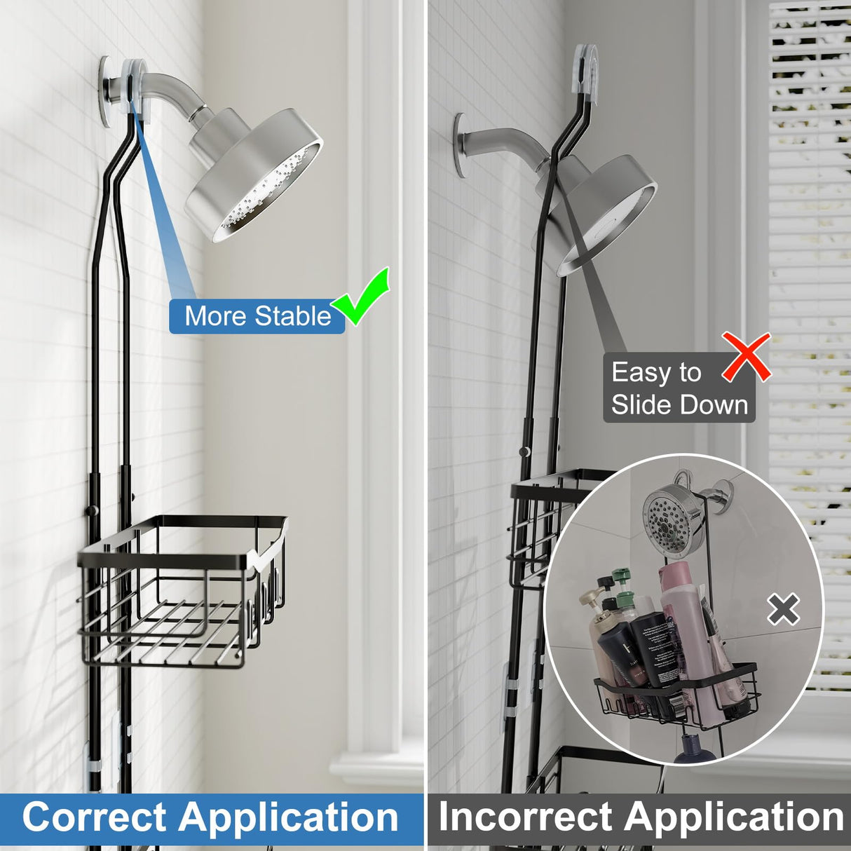 Joqixon Shower Caddy, Upgraded Extended Length Shower Caddy Over Showerhead No Blocking to Shower Head, Rustproof Shower Organizer with Hooks Shampoo Soap Holder, Bathroom Large Hanging Shower Caddy Joqixon