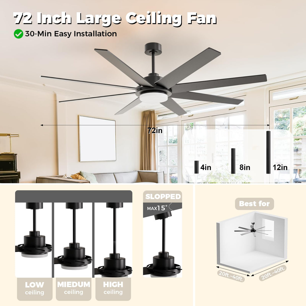 72 inch Large Ceiling Fans with Lights and Remote, Industrial Ceiling Fan Reversible Quiet DC Motor, 6 Speed 3 CCT Dimiable, Modern Ceiling Fan for Living Room Farmhouse Patios Outdoor Gazebo Black BrilMaison