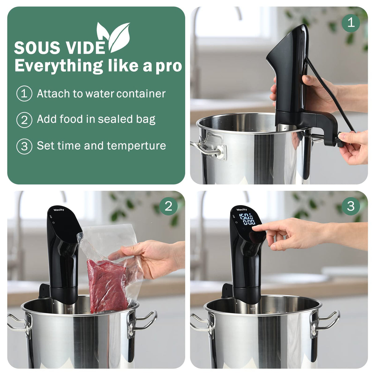 Mecity Sous Vide Precision Cooker Machine 1100W Water Bath Cooking Steak Vegetable Meat Fish 0.5 Degrees Accuracy Immersion Circulator with Recipes Mecity