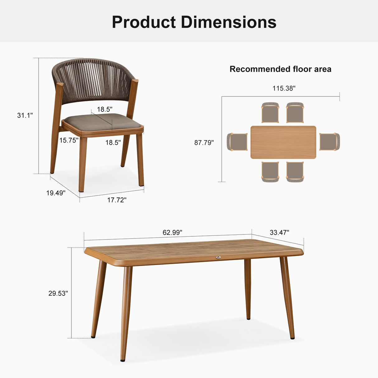 PURPLE LEAF 7 Pieces Outdoor Dining Set All-Weather Wicker Outdoor Patio Furniture with Table All Aluminum Frame for Lawn Garden Backyard Deck Patio Dining Set with Cushions, Brown PURPLE LEAF
