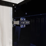 Hitow High Gloss Curio Display Cabinet for Collectibles, 63" W Lighted Bookshelf, Metal and Wood Bookshelf with Glass Doors & Drawers, Rustic Glass Display Case for Living Room, Black & Wood Grain Hitow