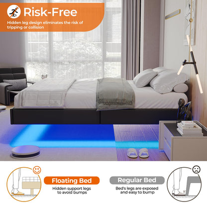 Hasuit Black California King Floating Bed Frame with LED Lights - WoodArtSupply