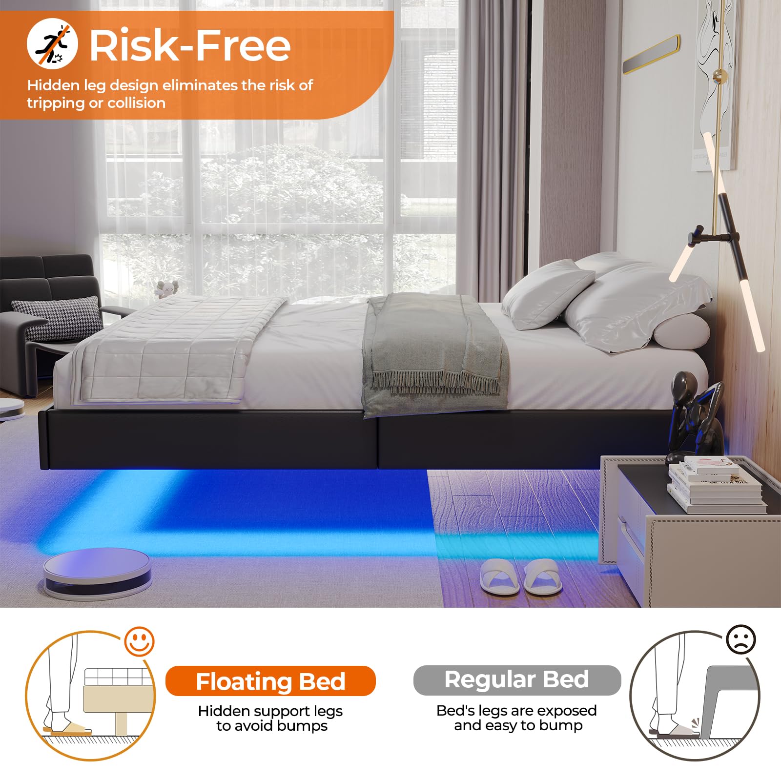 Hasuit Floating Full Size Bed Frame with LED Lights - Upholstered Platform Design in Black - WoodArtSupply