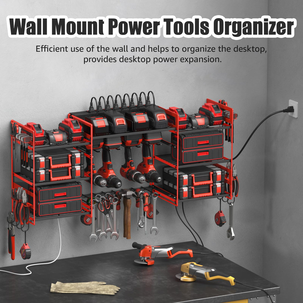 CCCEI Red Power Tool Organizer Wall Mount, Large Tools and Battery Storage Rack Charging Station Individual Switches. Drills Holder, Garage Utility Shelves with 6FT Power Strip. Gift for Men. CCCEI