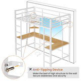 DICTAC Twin Loft Bed with U-Shaped Desk, LED Lights, Charging Station, and Storage Shelves – White Metal Frame DICTAC