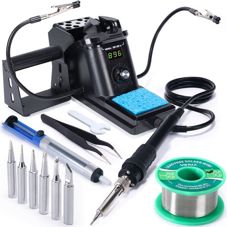 YIHUA 926 III 60W Digital Display Soldering Iron Station Kit w 2 Helping Hands, 6 Extra Iron Tips, Lead-Free Solder, Solder Sucker, S/S Tweezers, °C/ºF Conversion, Auto Sleep & Calibration Support YIHUA