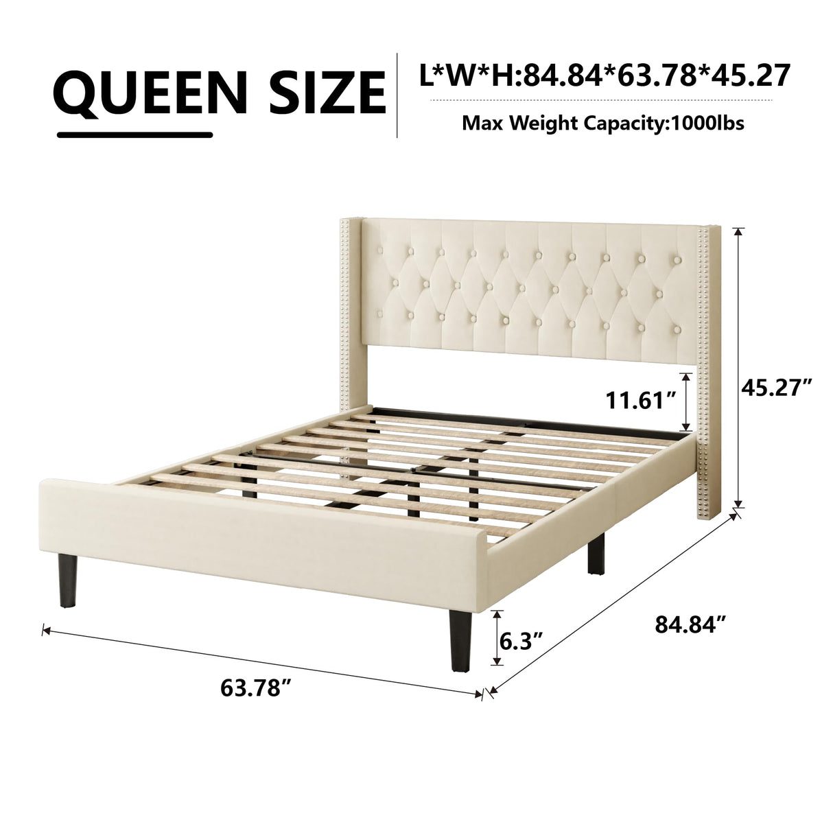 Queen Size Bed Frame, Upholstered Platform Bed with Wingback Headboard, Velvet Button Tufted, Easy Assembly, No Box Spring Needed, Beige HAOARA