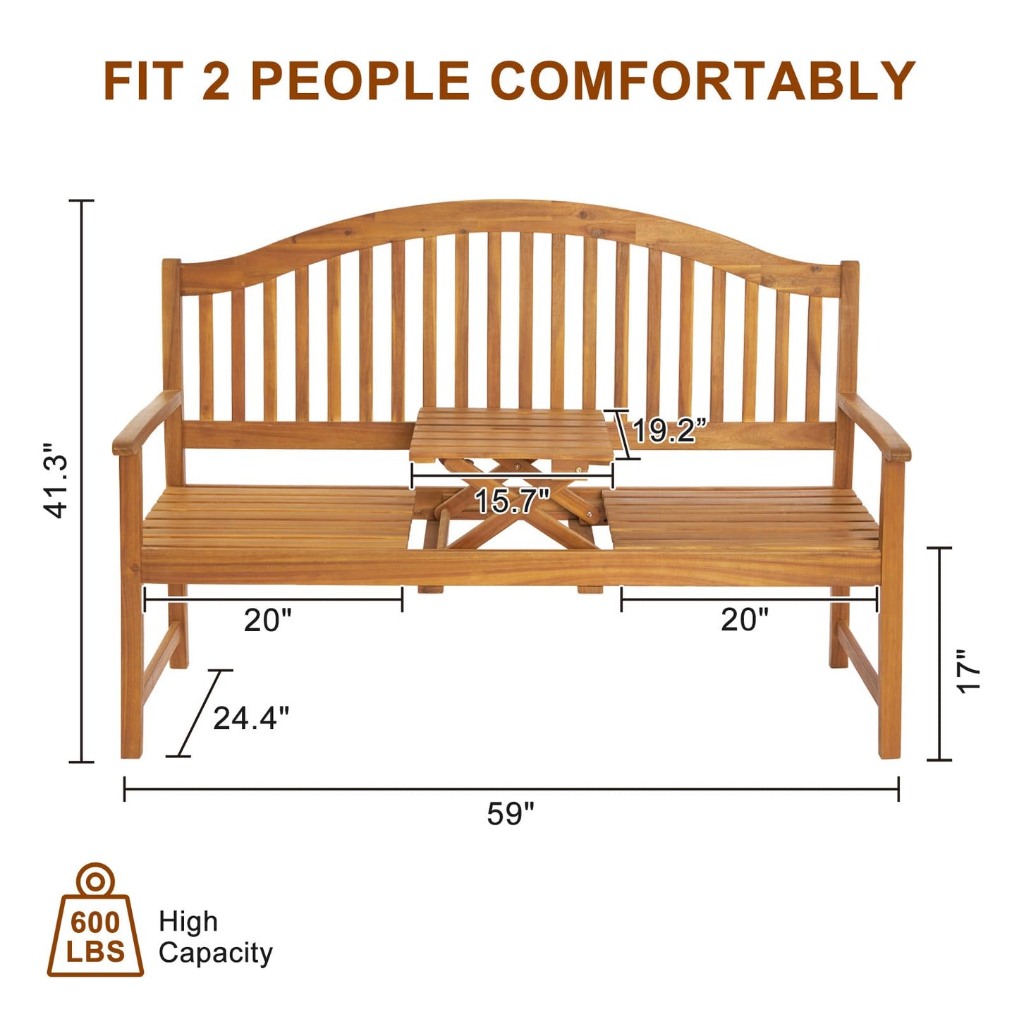 VINGLI 59” Outdoor Bench Garden Bench, Acacia Wood Porch Bench with Table, Wooden Patio Seating for Poolside Balcony Backyard