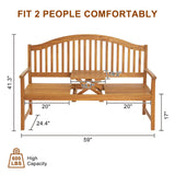 VINGLI 59” Outdoor Bench Garden Bench, Acacia Wood Porch Bench with Table, Wooden Patio Seating for Poolside Balcony Backyard VINGLI