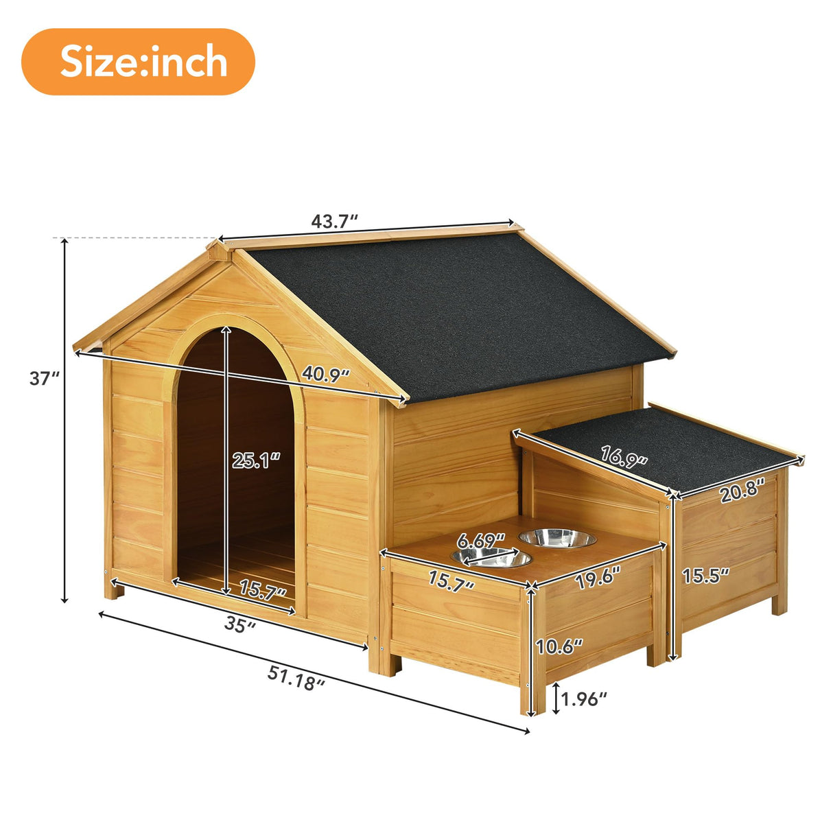 Large Dog House Outdoor, Wood Dog House with Feeding Bowls and Storage Box, Waterproof Roof Doghouse Suitable for Medium Large Dogs - 51.18" L x 43.7" W x 37" H Runave