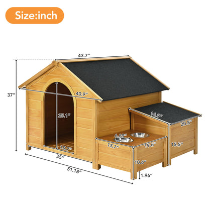 Large Dog House Outdoor, Wood Dog House with Feeding Bowls and Storage Box, Waterproof Roof Doghouse Suitable for Medium Large Dogs - 51.18" L x 43.7" W x 37" H - WoodArtSupply