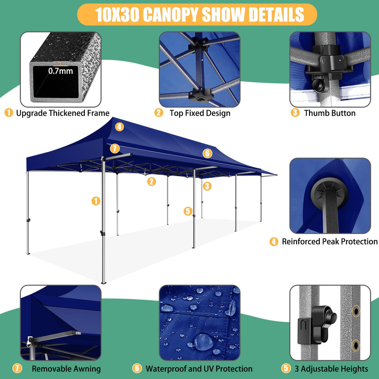 COBIZI 10x30 Pop Up Canopy Tent with Awning,Heavy Duty Canopy UPF 50+ All Season Wind Waterproof Commercial Outdoor Street Vendors Party Tents for Parties Canopy with Roller Bag(10 x 30 ft Dark Blue) COBIZI