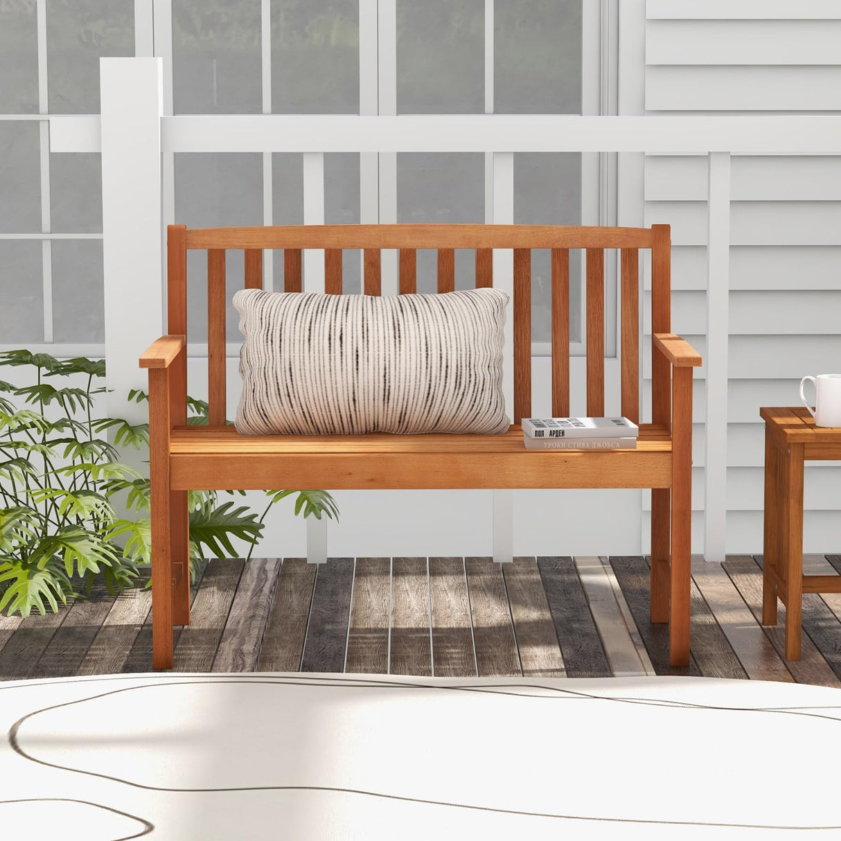 Tangkula 2-Person Eucalyptus Outdoor Garden Bench with Backrest and Armrests, Natural Finish Tangkula