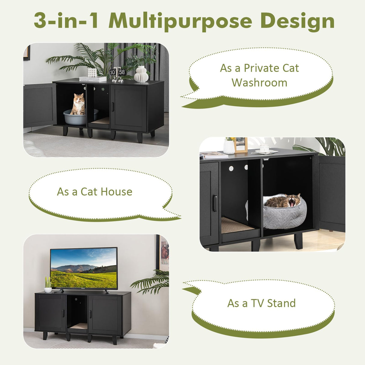 Tangkula Double Cat Litter Box Enclosure for 2 Cats, Large Stackable Hidden Privacy Cat Washroom Cabinet with Scratching Board, Indoor Cat House TV Stand Side Table, Litter Box Furniture (Black) Tangkula