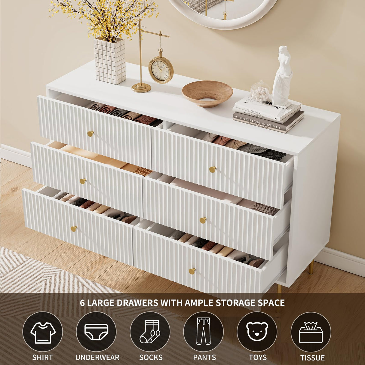 MAISONARIA 6 Drawer Double Dresser for Bedroom, White Dresser with Gold Handles, White 6 Drawer Dresser with Fluted Panels, Modern Wood Dresser Chest for Bedroom MAISONARIA