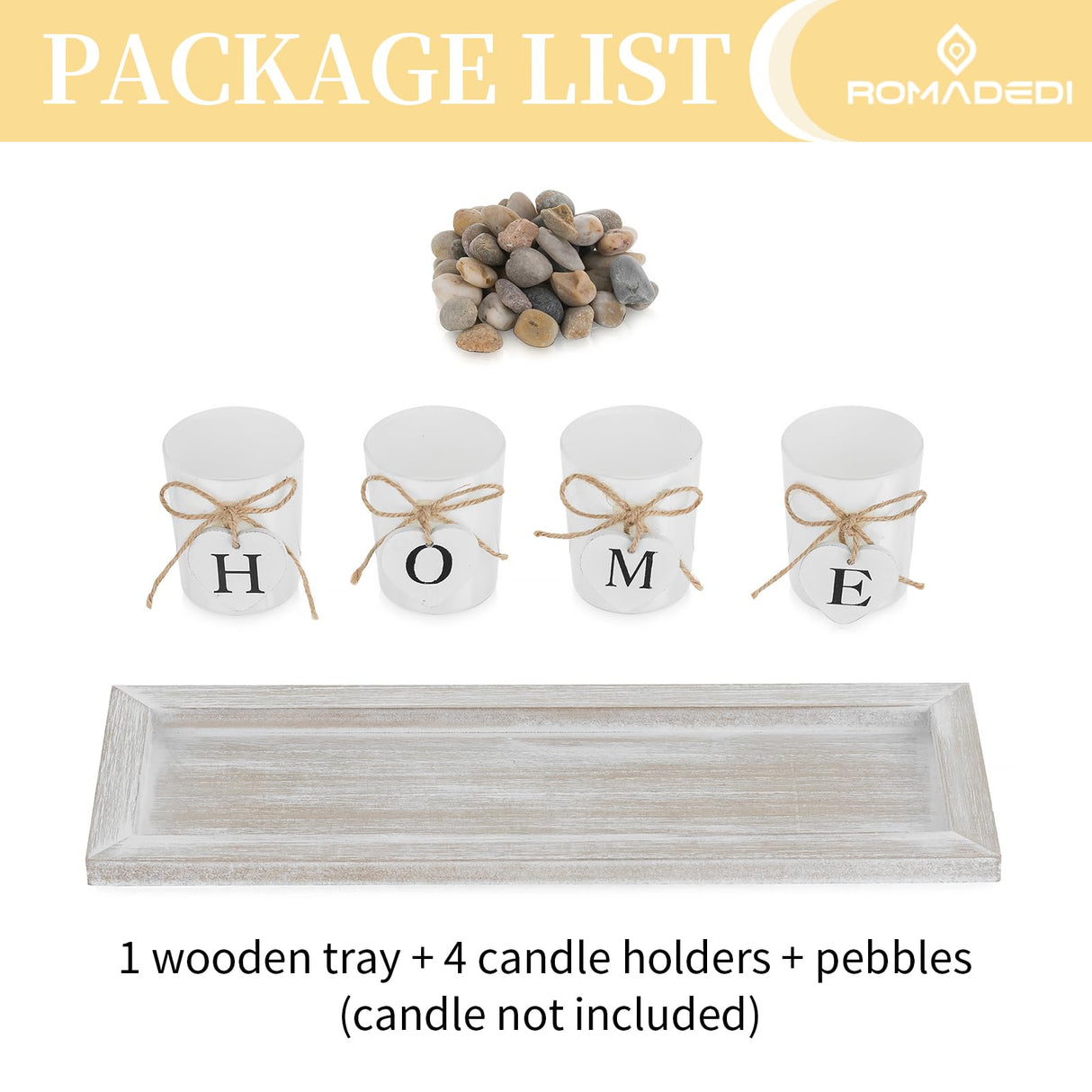 Romadedi Farmhouse Centerpiece Candle Holder Decor - Rustic Wooden Tray with 4 Glass Tealight Candles Holders for Coffee Table Home Decorations Living Room Fireplace Kitchen Housewarming Gifts Romadedi