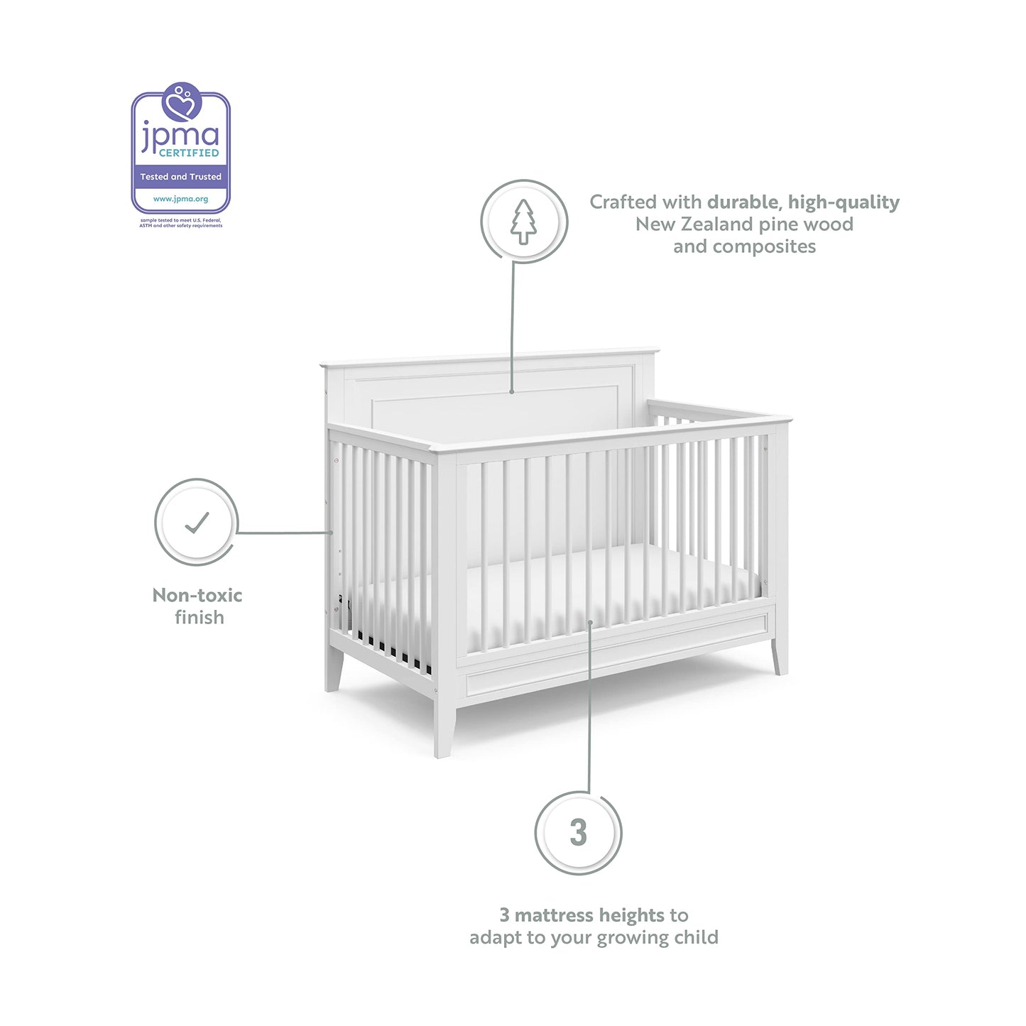 Storkcraft Solstice 5-In-1 Convertible Crib (White) – GREENGUARD Gold Certified, Converts to Toddler Bed and Full-Size Bed, Fits Standard Full-Size Crib Mattress, Adjustable Mattress Support  - WoodArtSupply