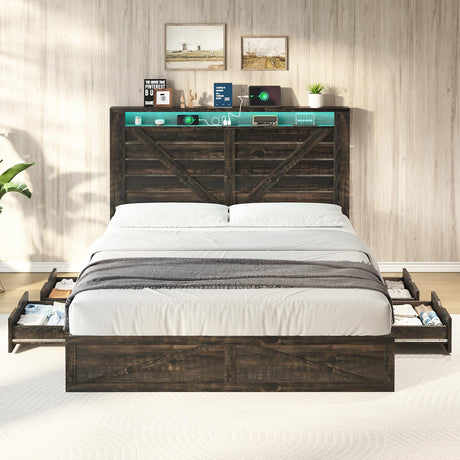 AMERLIFE Farmhouse Bed Frame with 4 Drawers & 4 Open Storage Space, Queen Size Storage Bed with LED Light & Charging Station, Wooden Slats, Noise Free, Rustic Black AMERLIFE