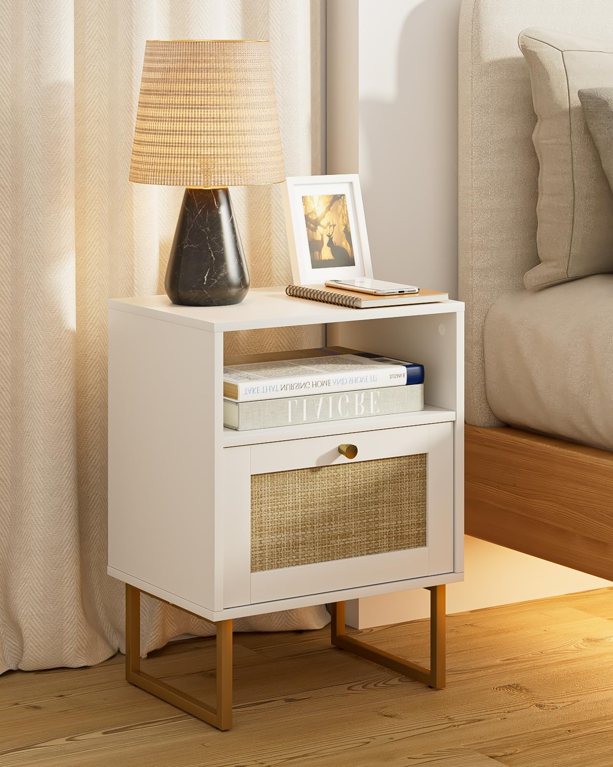 Acodaiuy Rattan Nightstand, Boho Night Stand Wood Farmhouse Bedside Table with Storage, End Side Accent Table for Bedroom,Living Room,White Acodaiuy