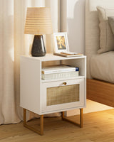 Acodaiuy Rattan Nightstand, Boho Night Stand Wood Farmhouse Bedside Table with Storage, End Side Accent Table for Bedroom,Living Room,White Acodaiuy