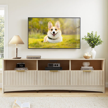 Marsail 59″ Wide TV Stand for TVs Up to 65″, Modern Entertainment Center with Fluted Panels, 3 Easy-Sliding Drawers, Open Shelves & Cable Hole, 3-Tier TV Stands for Living Room & Bedroom, Natural Oak Marsail