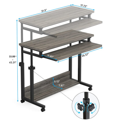 Tribesigns Portable Desk for Sofa and Bed, Height Adjustable Mobile Laptop Table Small Standing Desk Rolling Computer Cart with Keyboard Tray on Wheels for Home Office (Grey) - WoodArtSupply