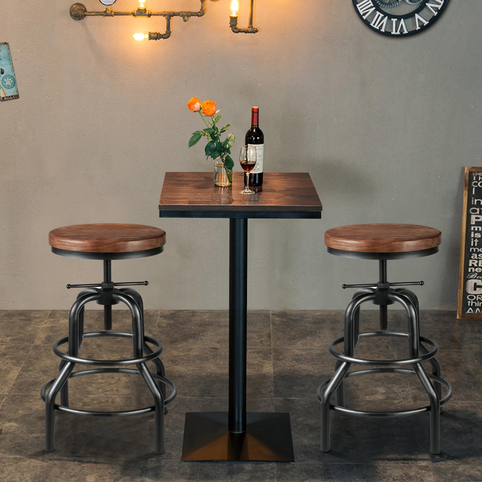 SXXjiaju Industrial Bar Stool- Vintage Bar Stools Round Wood Metal Stool Counter,Rustic Bar Stools with Round Solid Wood Metal Stool Adjustable Farmhouse Kitchen/Dining/Cafe Chair(Set of 2) - WoodArtSupply