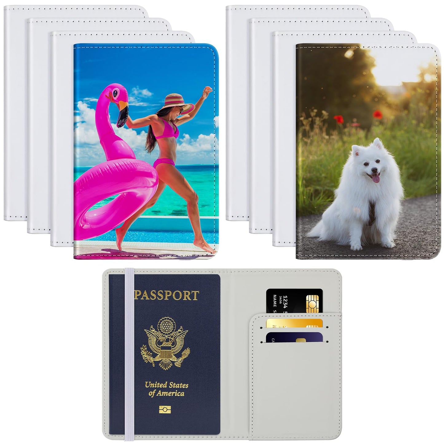 Yeaqee 8 Pcs Sublimation Passport Holder Covers PU Leather Heat Transfer Card Travel Wallet DIY Blank Holder Cover for Passport Business Cards Credit Cards (White)