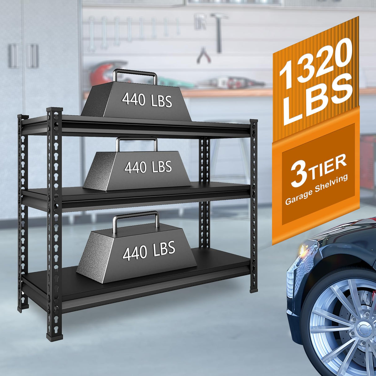 SDXYSTCE 3-Tier Garage Shelving Heavy Duty,40”W x 18”D x 36”H Metal Shelving Unit，1320 lbs Weight Capacity Adjustable Storage Shelves for Retiple Tanks, Aquariums, Pantry, Garage，Black SDXYSTCE