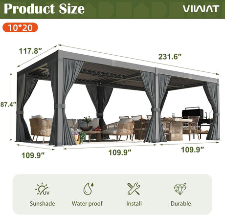 VIWAT Aluminum 10x20 FT Louvered Pergola, Outdoor Pergola with Adjustable Louvered Roof Outdoor Patio Shade Cover, Waterproof & Rustproof Aluminum Gazebo for Backyard and Garden, Gray VIWAT