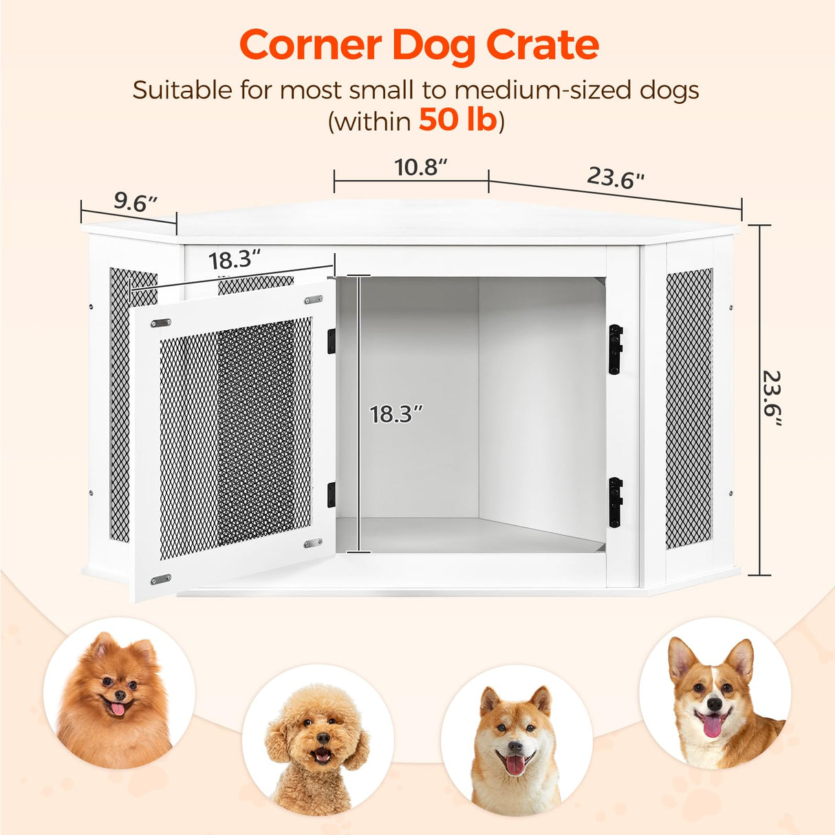 MAHANCRIS Corner Dog Crate Furniture, Wooden Dog Kennel End Table, Decorative Pet Crate Indoor Use, Furniture Style Dog House for Small Medium Dog, Dog Cage TV Stand, White and Black DCWT0801 MAHANCRIS