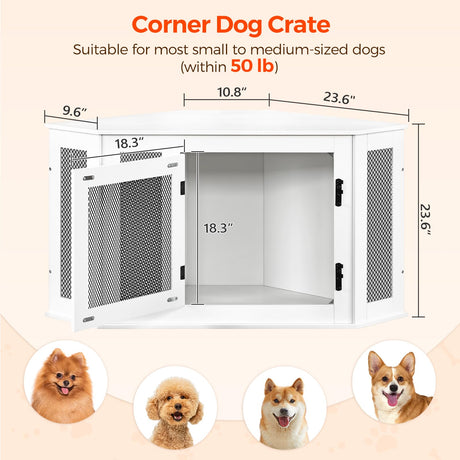 MAHANCRIS Corner Dog Crate Furniture, Wooden Dog Kennel End Table, Decorative Pet Crate Indoor Use, Furniture Style Dog House for Small Medium Dog, Dog Cage TV Stand, White and Black DCWT0801 MAHANCRIS