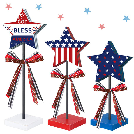 3 Pcs 4th of July Stars Decoration Patriotic Centerpieces Wooden Standing Star Block Memorial Day Decoration Rustic Independence Day Centerpieces for American Festival Home (Bright Style) Amyhill