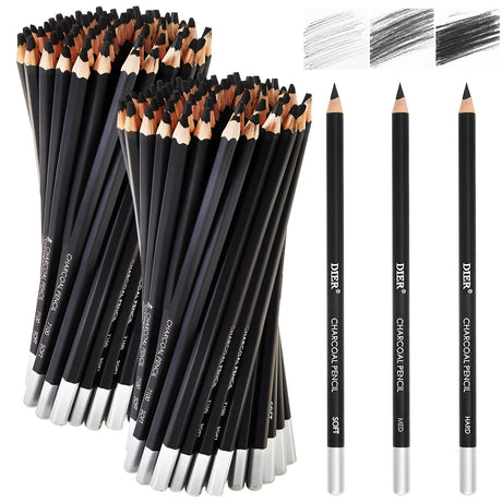 Geyoga 180 Pcs Professional Charcoal Pencils Drawing Set Soft Medium and Hard Charcoal Sketch Drawing Pencils for Beginners Artists Shading Sketching Geyoga