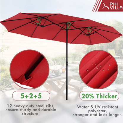 PHI VILLA 7 Piece Patio Dining Set with Umbrella, 60” Rectangular Metal Dining Table & 6 Cushioned Rattan Wicker Chairs & 13ft Large Red Umbrella for Outdoor, Deck, Yard, Porch - WoodArtSupply