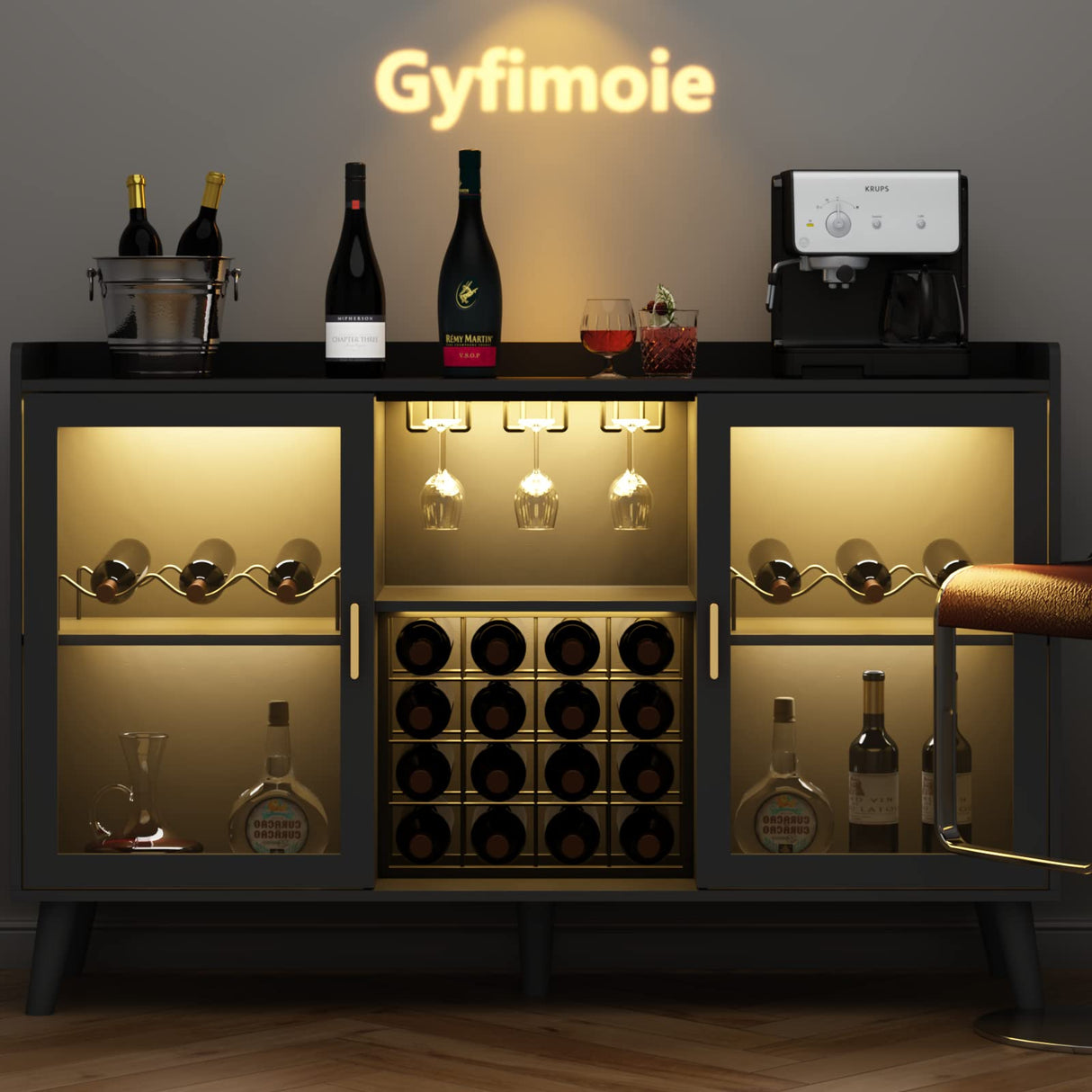 GYFIMOIE Modern Wine & Cocktail Cabinet with LED Light, Home Bar w Wine Rack and Glass Holder, Kitchen Buffet with Storage, Freestanding Liquor Cabinet (Black) Gyfimoie
