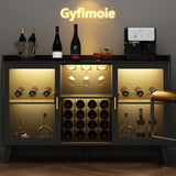 GYFIMOIE Modern Wine & Cocktail Cabinet with LED Light, Home Bar w Wine Rack and Glass Holder, Kitchen Buffet with Storage, Freestanding Liquor Cabinet (Black) Gyfimoie