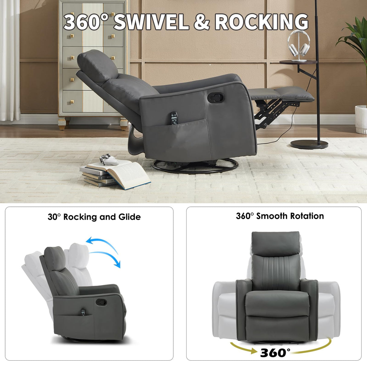 Trustyue Swivel Rocker Recliner Chair, 360° Swivel Recliner with Heat and Massage, Rocker Recliner Nursery Glider Chair with Side Pockets for Living Room (Grey, Faux Leather) Trustyue