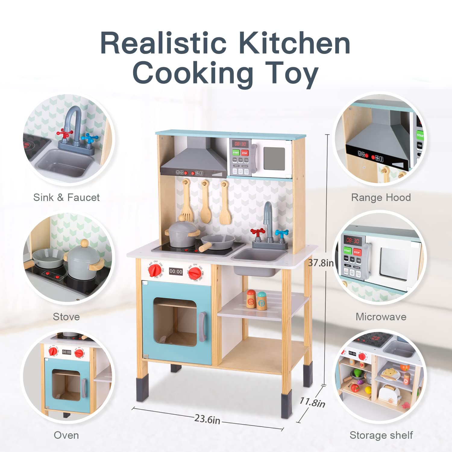 TOOKYLAND Kids Kitchen Playset, Play Kitchen Set for Kids with Real Light & Sounds, Cutting Play Food, Vegetables& Fruits, Kids Play Kitchen for Toddlers - WoodArtSupply