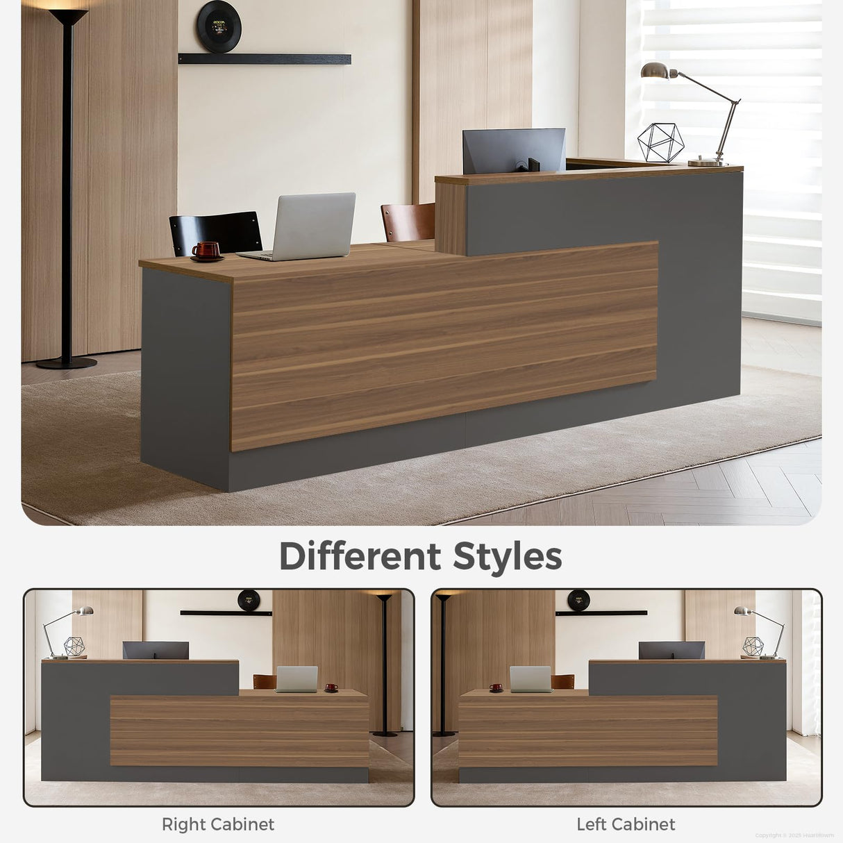 Huariifowm Modern L Shape Reception Desk with Counter,Stylish Front Desk Reception Counter with Drawers, Open Shelves, and Keyboard Tray (Walnut+Iron Gray/Left, 71" L*24" W*41" H) Huariifowm