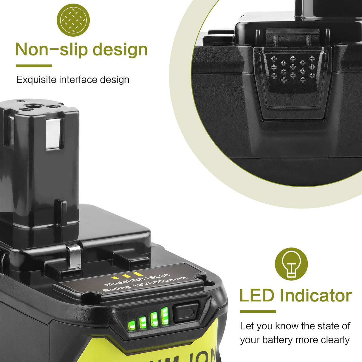 LabTEC RB18L50 18V 6000mAh Lithium Battery Compatible with Ryobi 18V BPL-1815 BPL-1820G BPL1820 BPL18151 P102 P103 P104 P105 P107 P109 P122 Cordless Power Tools with LED Indicator Labtec