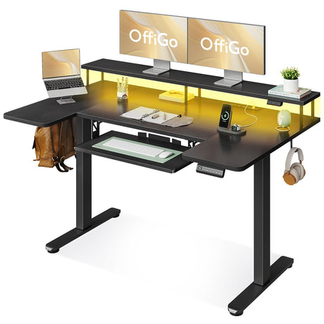OffiGo U Shaped Electric Standing Desk with Keyboard Tray, 55 Inch Height Adjustable Desk with Power Outlets & LED Lights, Sit Stand Table with Monitor Stand for Home, Office, Black OffiGo