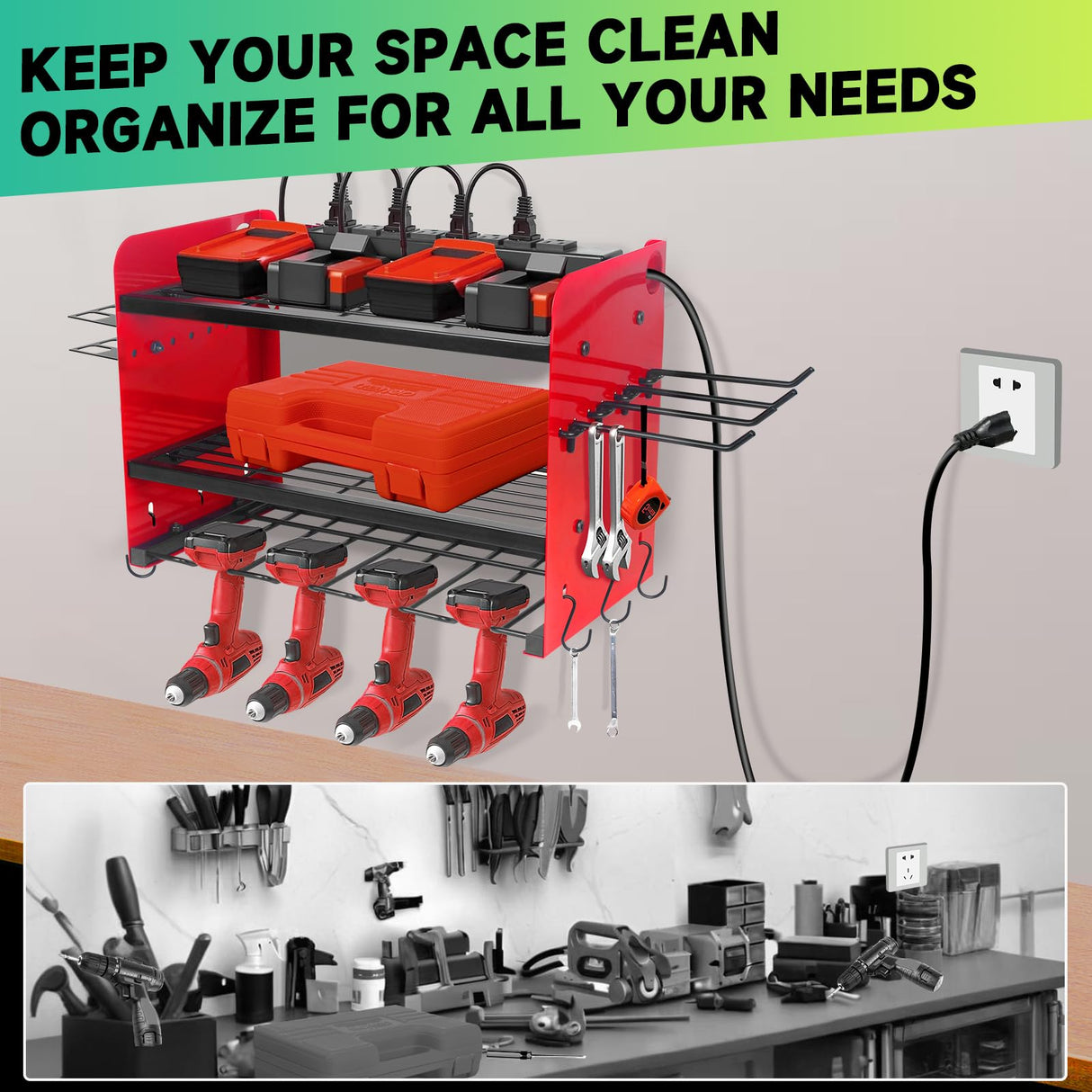 NRCUWI Garden Power Tool Organizer, Heavy Duty Tools Storage Rack Wall Mount with Charging Station, 3 Layers Yard Tool Shelf Drill Holder for Ryobi Tools - Ideal for Garage, Workshop NRCUWI