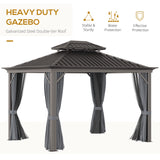 Outsunny 10' x 12' Hardtop Gazebo with Curtains and Netting, Permanent Pavilion Metal Double Roof Gazebo Canopy with Aluminum Frame and Hooks, for Garden, Patio, Backyard, Charcoal Gray Outsunny