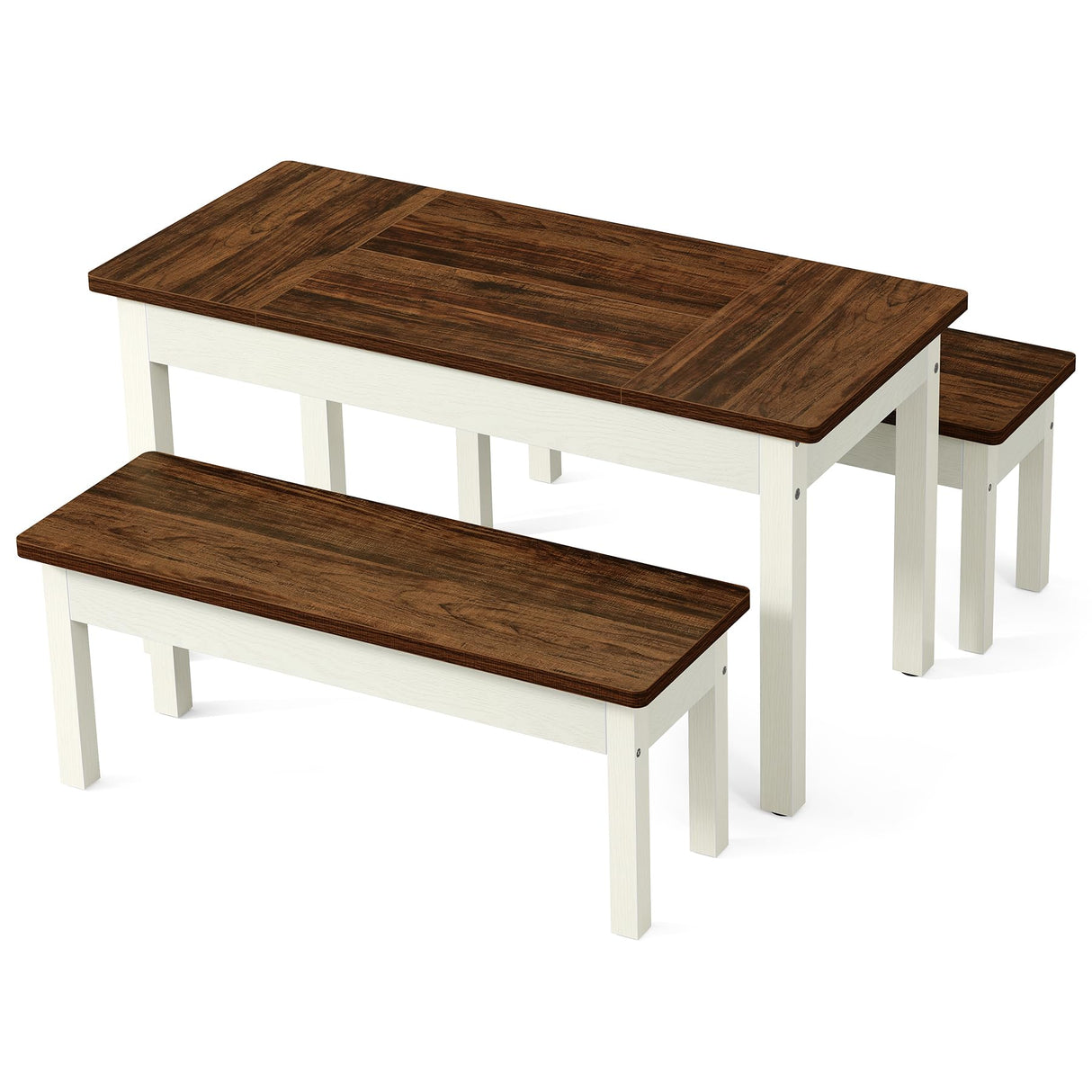 LITTLE TREE Dining Table Set for 4, Small Space Saving Farmhouse Kitchen Chairs, Compact 3-Piece Kitchen and Dining Room Furniture with 2 Wood Benches LITTLE TREE