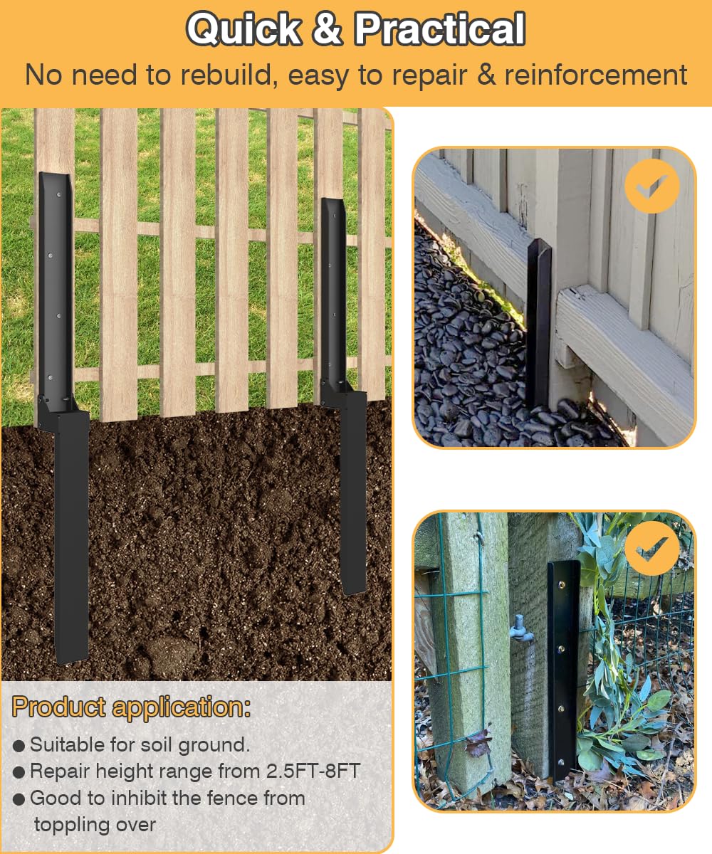 Mokeyder Fence Post Anchor Kit, Heavy Duty Metal Steel Fence Post Repair Kit, Fence Post Anchor Stakes Ground Spike for Repairing Tilted/Broken Wood Fence Post, Metal-Plate Style, 1 Pack Mokeyder